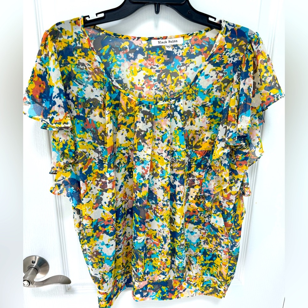 Black Rainn Multi-Colored Blouse, Size L, Short Sleeve with Ruffled Accents